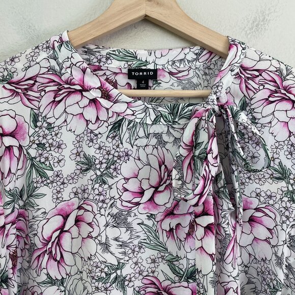 Torrid Womens Plus 4X Floral Long Sleeve Blouse Side Tie Neckline Shirt Top - Picture 3 of 9